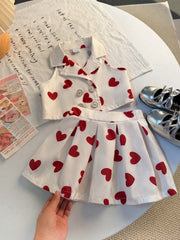 2pcs Girls Heart Print Lapel Top & Pleated Skirt Set - Ivory | 21 C...