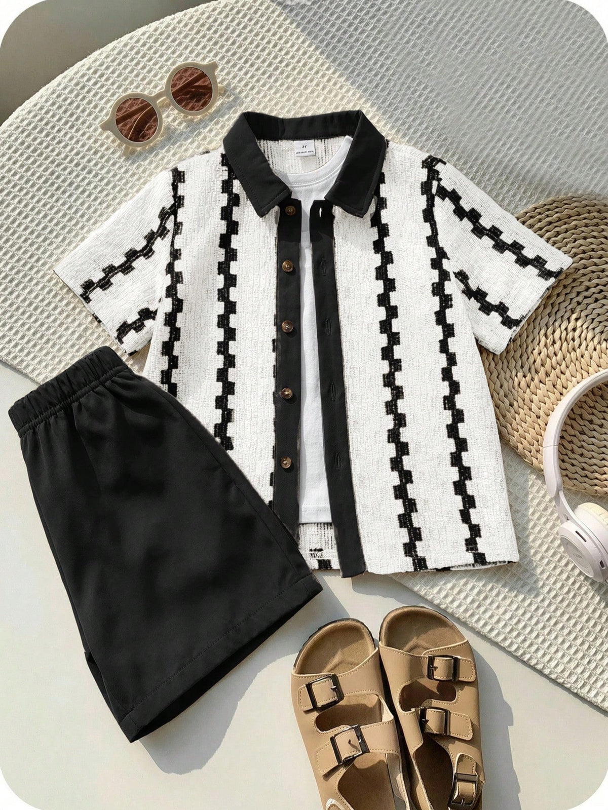 2pcs Little Boys Textured Stripe Button Shirt & Shorts Set - Ivory