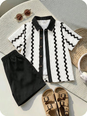 2pcs Little Boys Textured Stripe Button Shirt & Shorts Set - Ivory