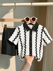 2pcs Little Boys Textured Stripe Button Shirt & Shorts Set - Ivory