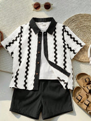 2pcs Little Boys Textured Stripe Button Shirt & Shorts Set - Ivory