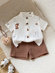 2pcs Baby Boys Bear Print Muslin Shirt & Shorts Set - Ivory | 21 Ce...