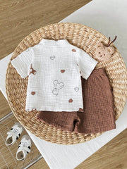 2pcs Baby Boys Bear Print Muslin Shirt & Shorts Set - Ivory | 21 Ce...