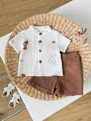 2pcs Baby Boys Bear Print Muslin Shirt & Shorts Set - Ivory | 21 Ce...