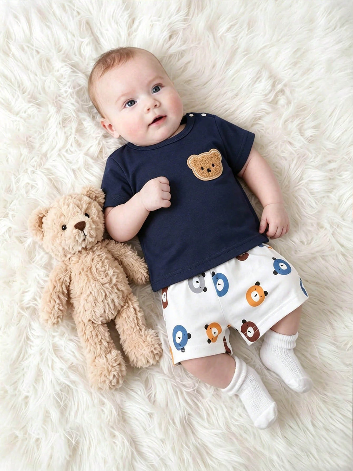 2pcs Baby Boys Bear Appliqué Tee & Shorts Set - Midnight | 21 Centu...