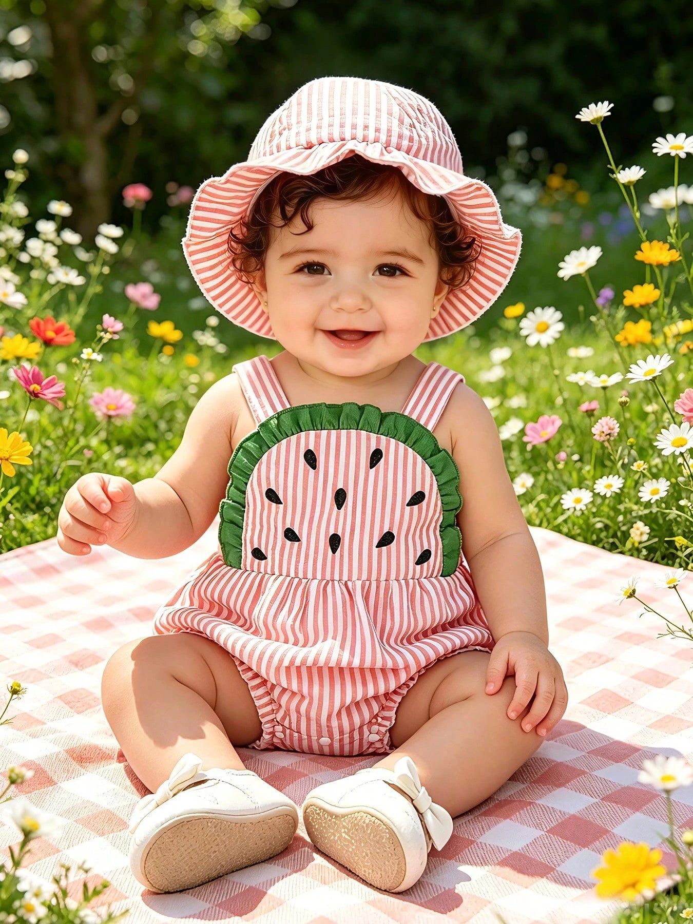 2pcs Baby Girls Watermelon Appliqué Seersucker Romper & Hat Set - B...