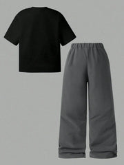 2pcs Big Boys Graffiti Print Tee & Cargo Trousers Set - Onyx | 21 C...