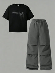 2pcs Big Boys Graffiti Print Tee & Cargo Trousers Set - Onyx | 21 C...