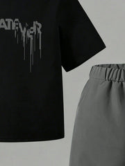 2pcs Big Boys Graffiti Print Tee & Cargo Trousers Set - Onyx | 21 C...
