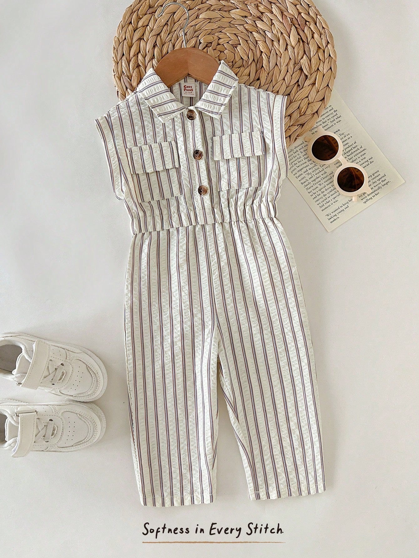 Girls Seersucker Stripe Collared Sleeveless Jumpsuit - Ecru | 21 Ce...