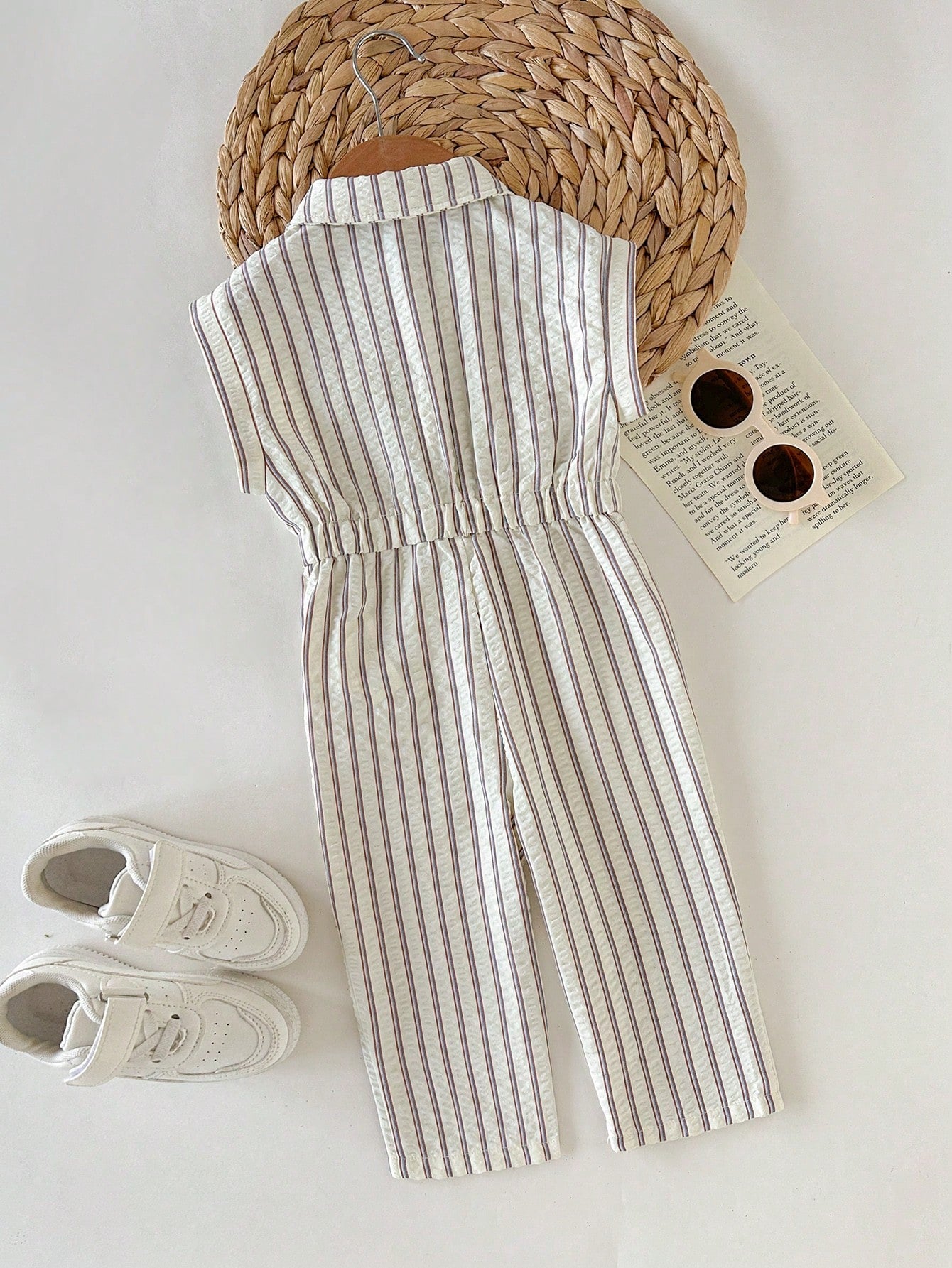 Girls Seersucker Stripe Collared Sleeveless Jumpsuit - Ecru | 21 Ce...