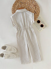 Girls Seersucker Stripe Collared Sleeveless Jumpsuit - Ecru | 21 Ce...
