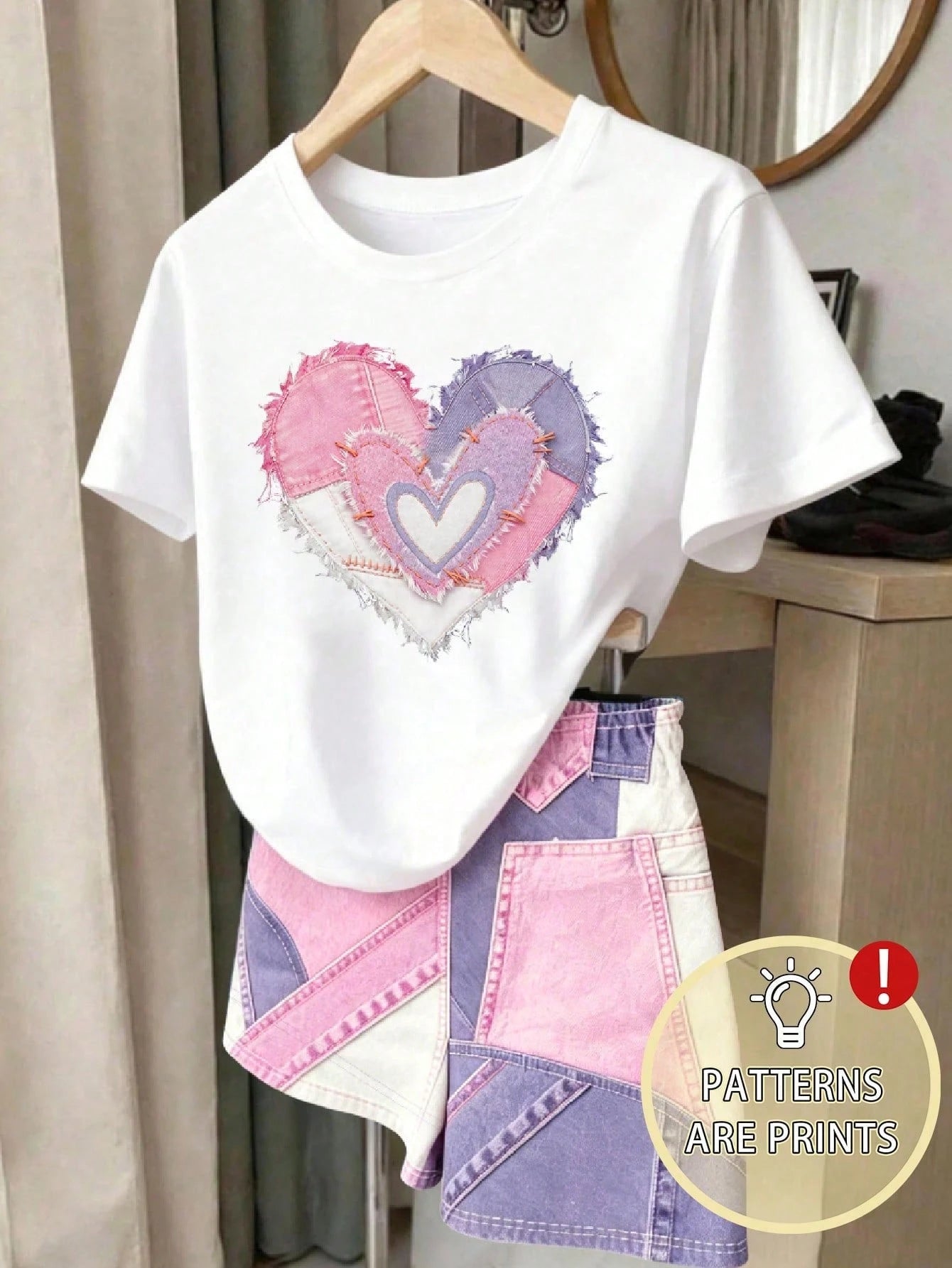 2pcs Girls Patchwork Heart Print Tee & Denim Shorts Set - Ivory | 2...