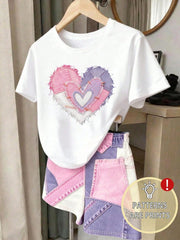 2pcs Girls Patchwork Heart Print Tee & Denim Shorts Set - Ivory | 2...