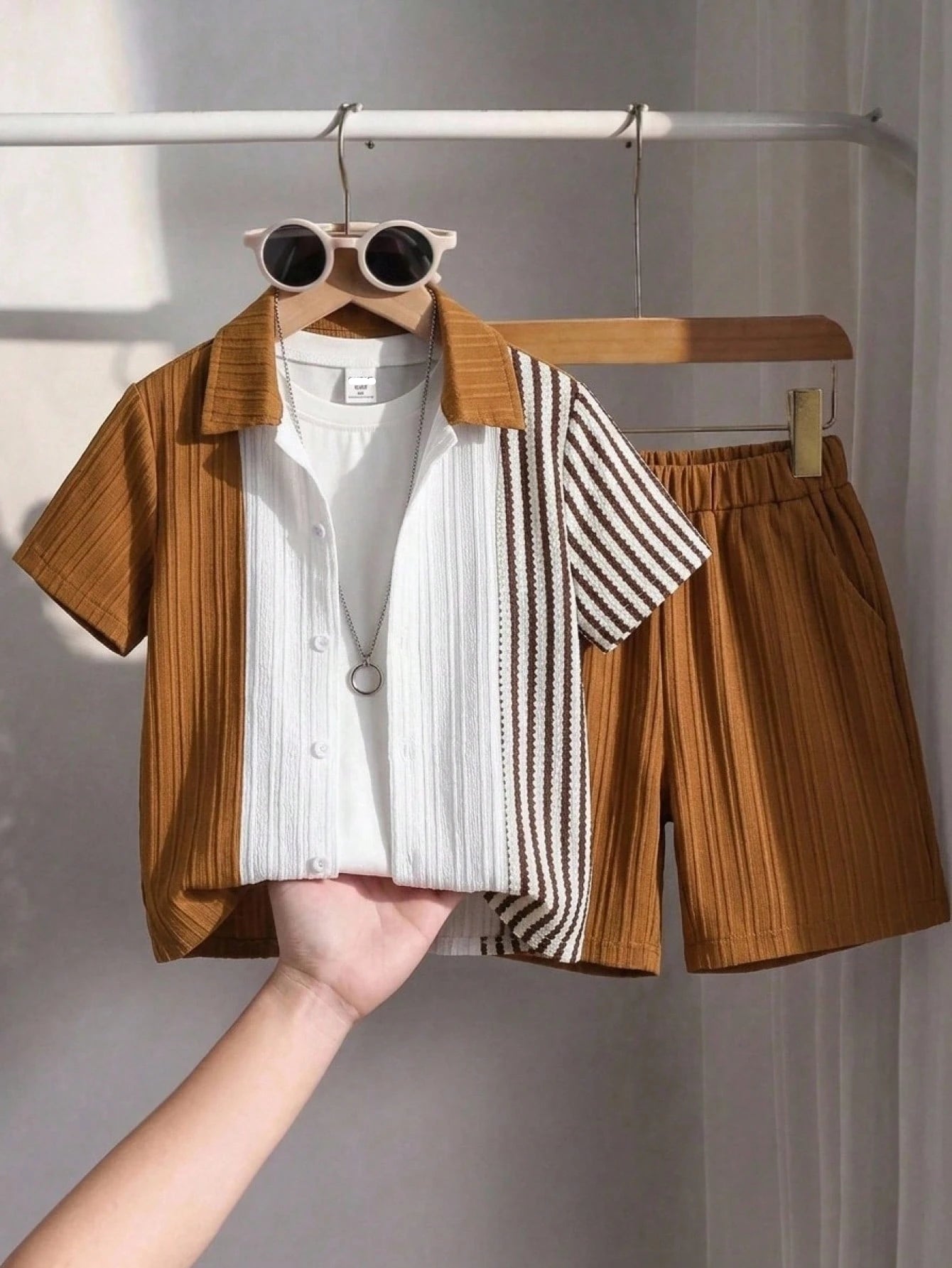 2pcs Boys Colourblock Striped Patchwork Shirt & Shorts Set - Ochre ...