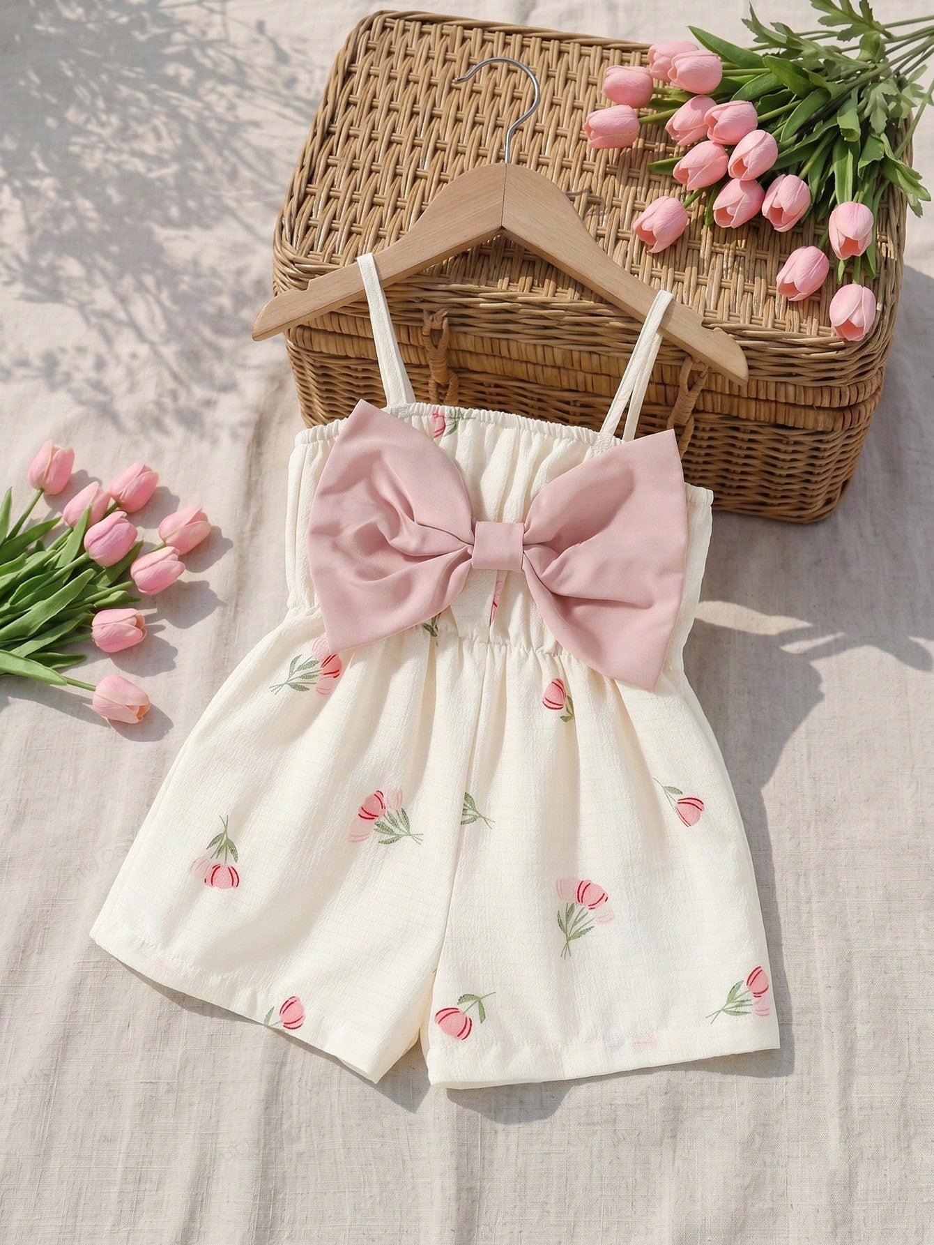 Girls Tulip Print Bow-Front Cami Romper - Ivory | 21 Century Kids