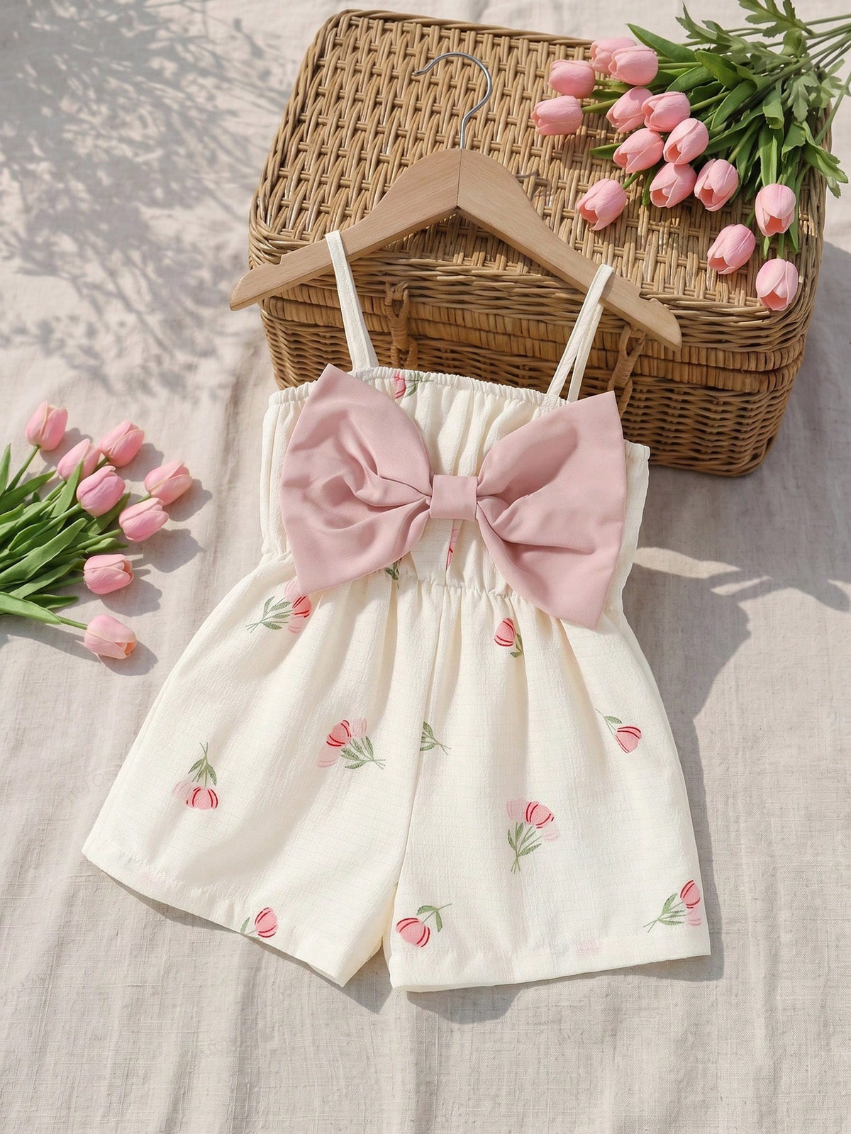 Girls Tulip Print Bow-Front Cami Romper - Ivory | 21 Century Kids