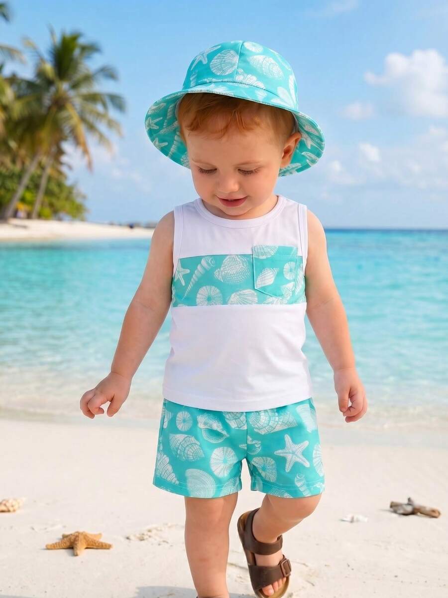 3pcs Baby Boys Shell Print Vest, Shorts & Bucket Hat - Aqua