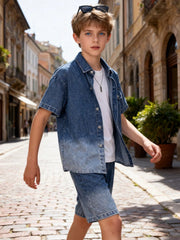 2pcs Big Boys Ombre Denim Shirt & Shorts Set - Cobalt | 21 Century ...