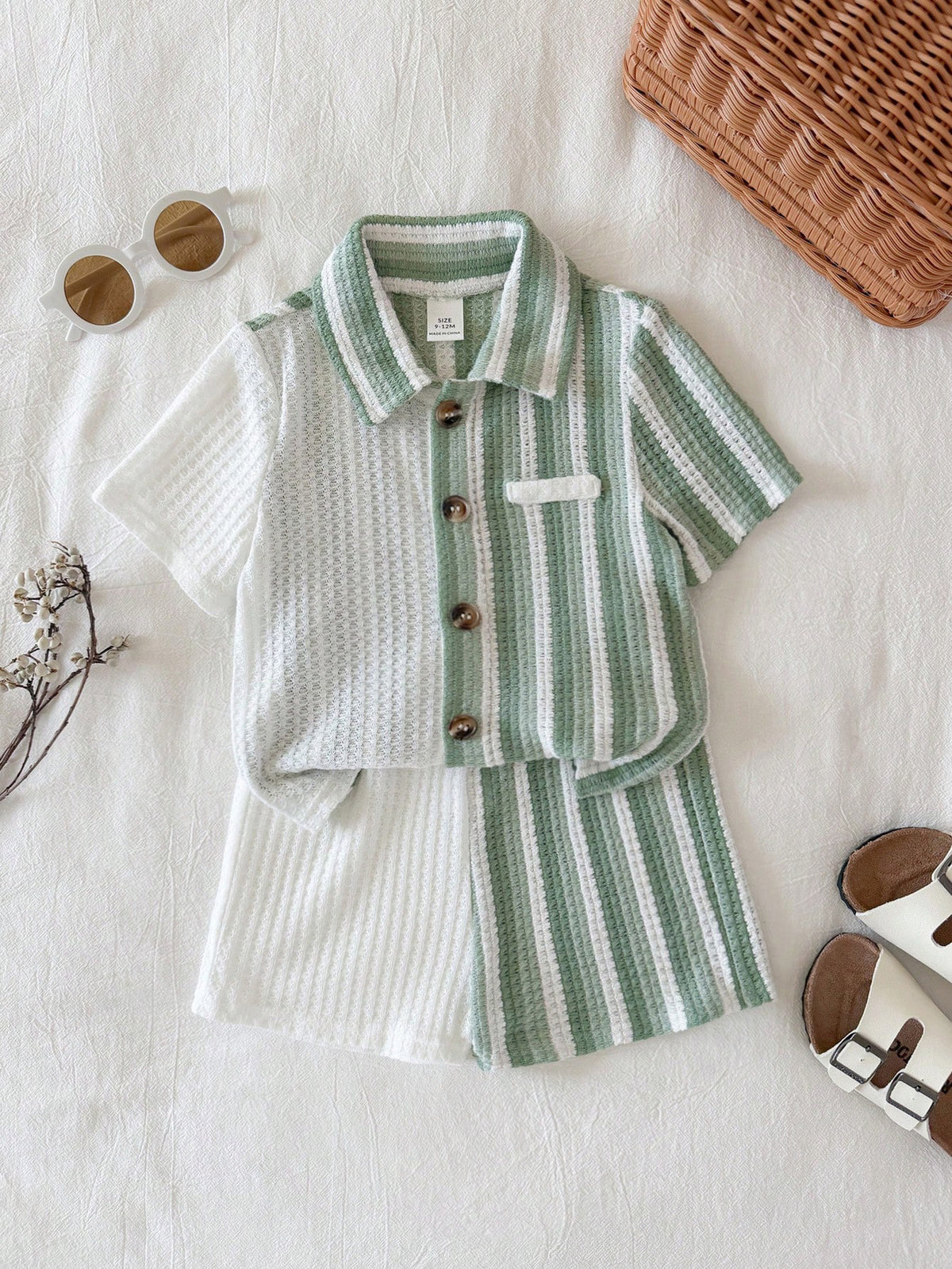 2pcs Boys Colourblock Stripe Knit Shirt & Shorts Set - Sage