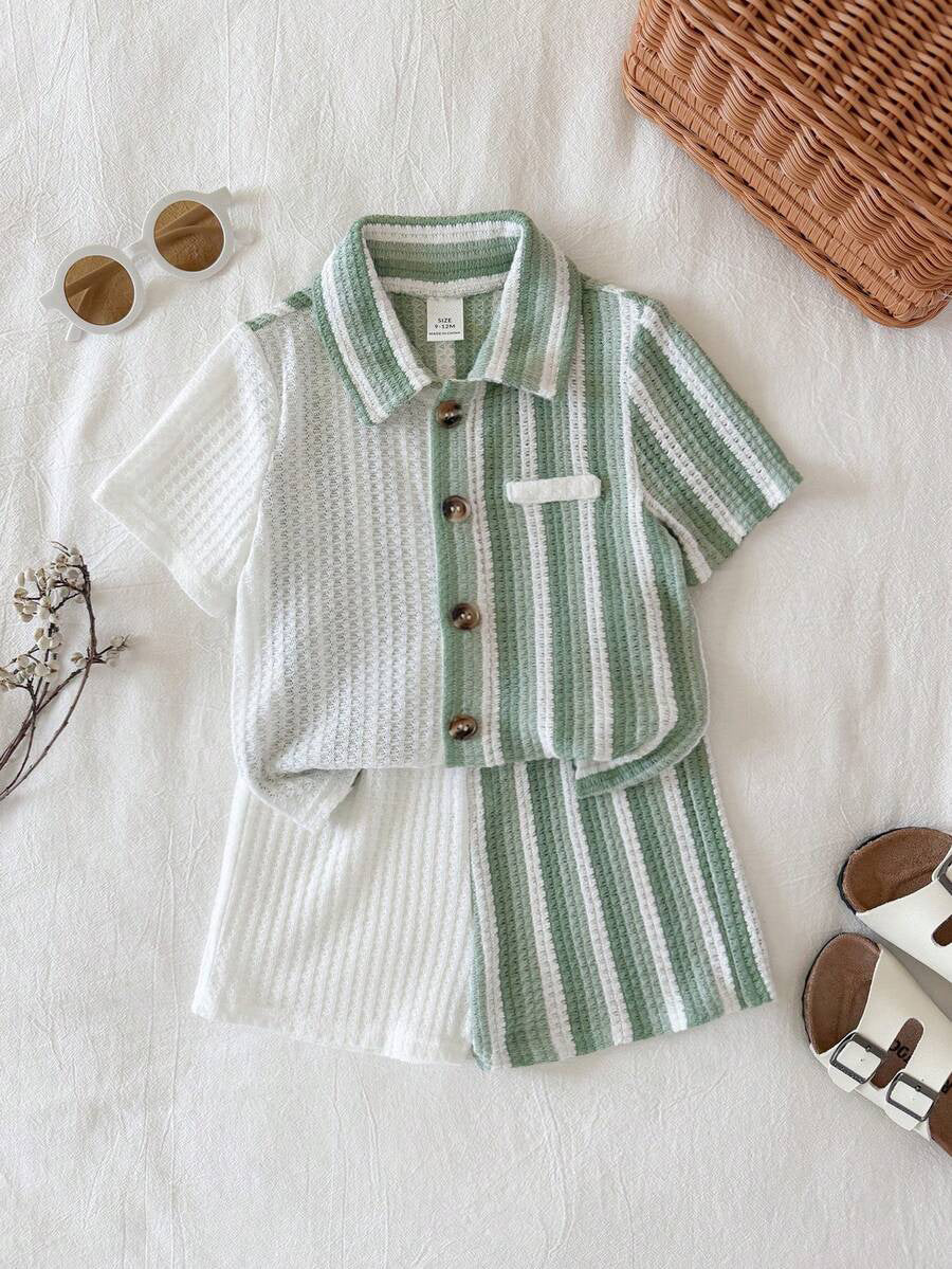 2pcs Boys Colourblock Stripe Knit Shirt & Shorts Set - Sage