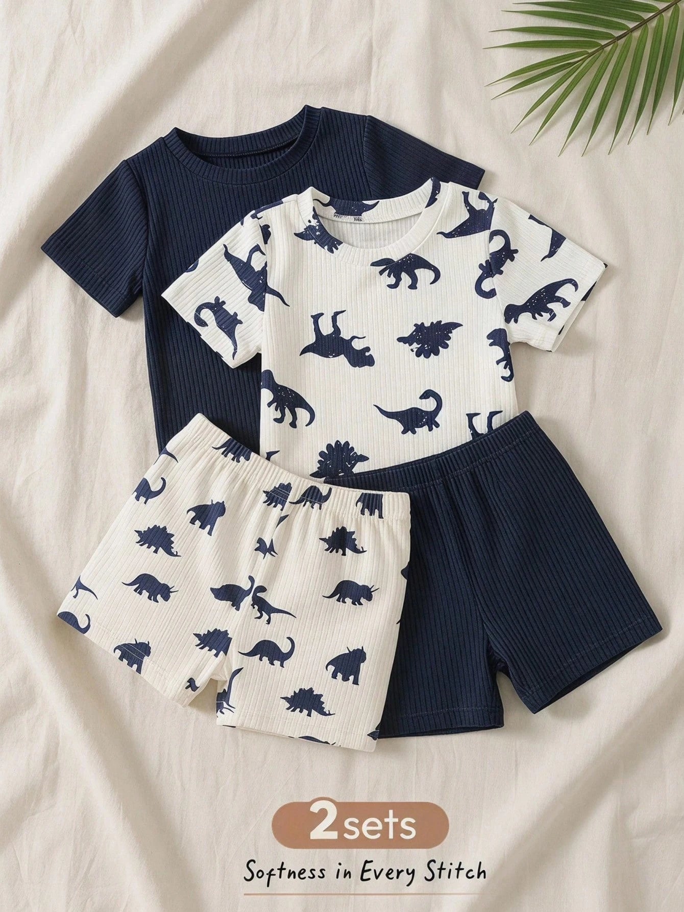 4pcs Boys Dinosaur Print Knit T-Shirt & Shorts Set - Ivory