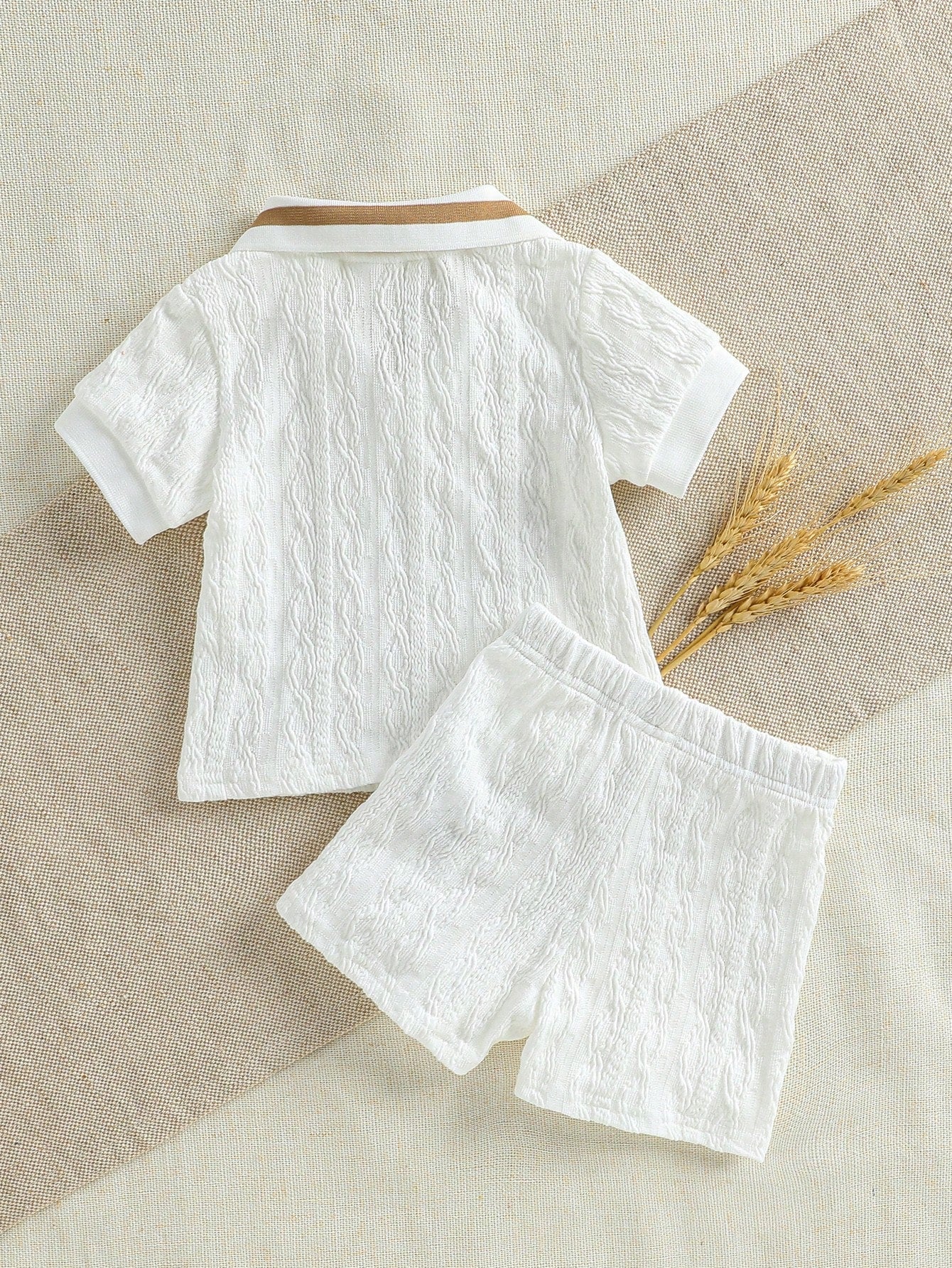 Boys Textured Knit Polo Collar Shirt & Shorts Set - Ivory