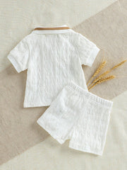 Boys Textured Knit Polo Collar Shirt & Shorts Set - Ivory