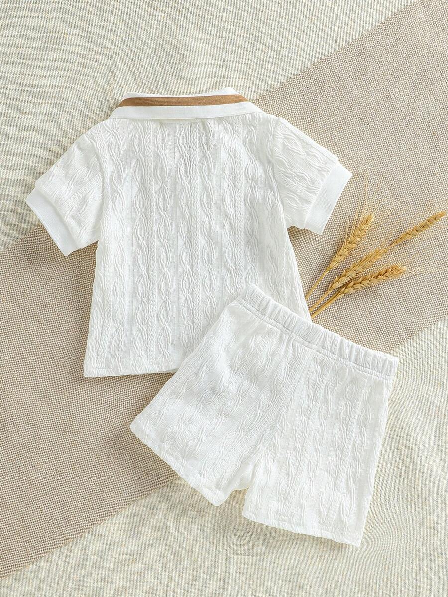 Boys Textured Knit Polo Collar Shirt & Shorts Set - Ivory
