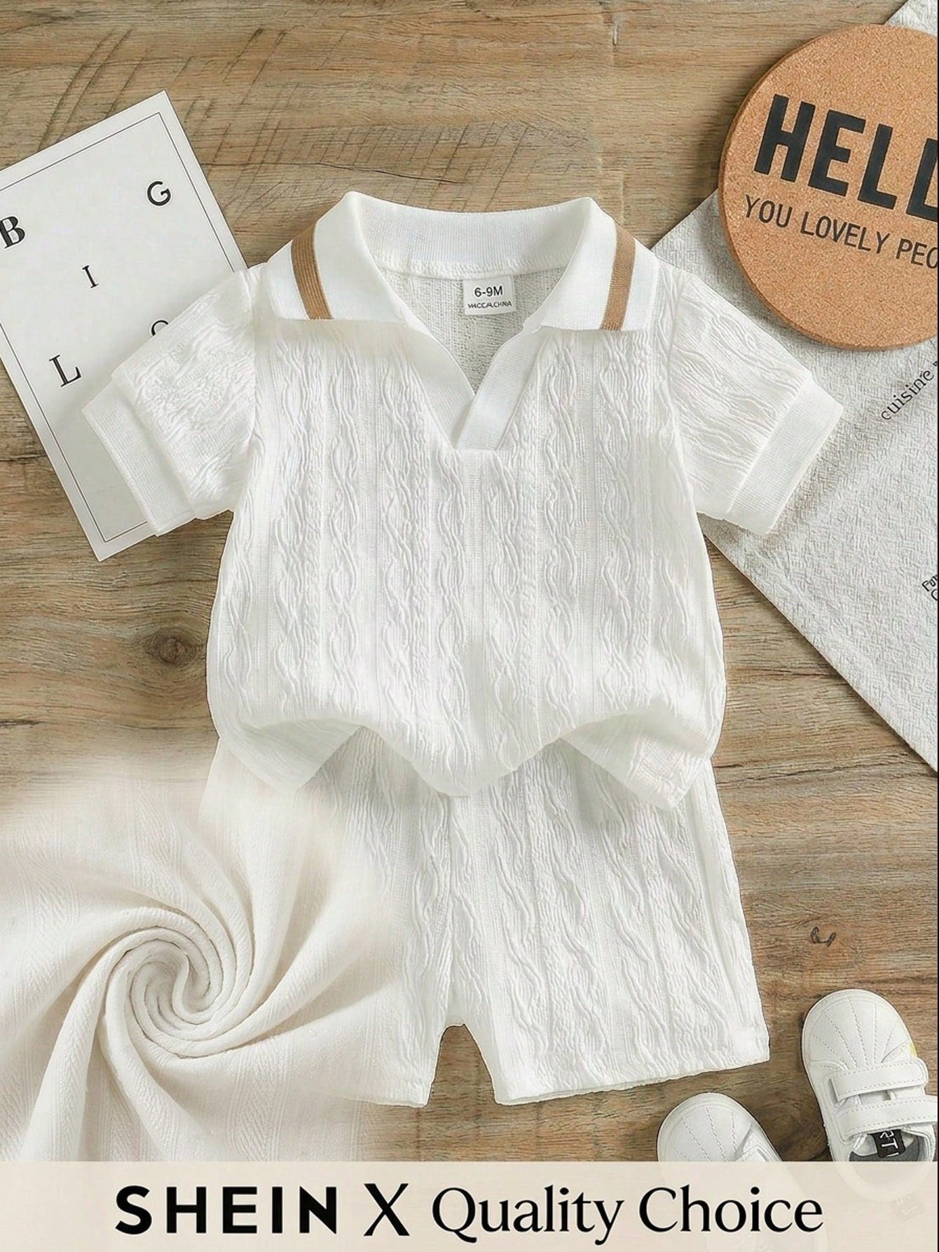 Boys Textured Knit Polo Collar Shirt & Shorts Set - Ivory