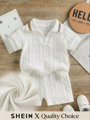 Boys Textured Knit Polo Collar Shirt & Shorts Set - Ivory