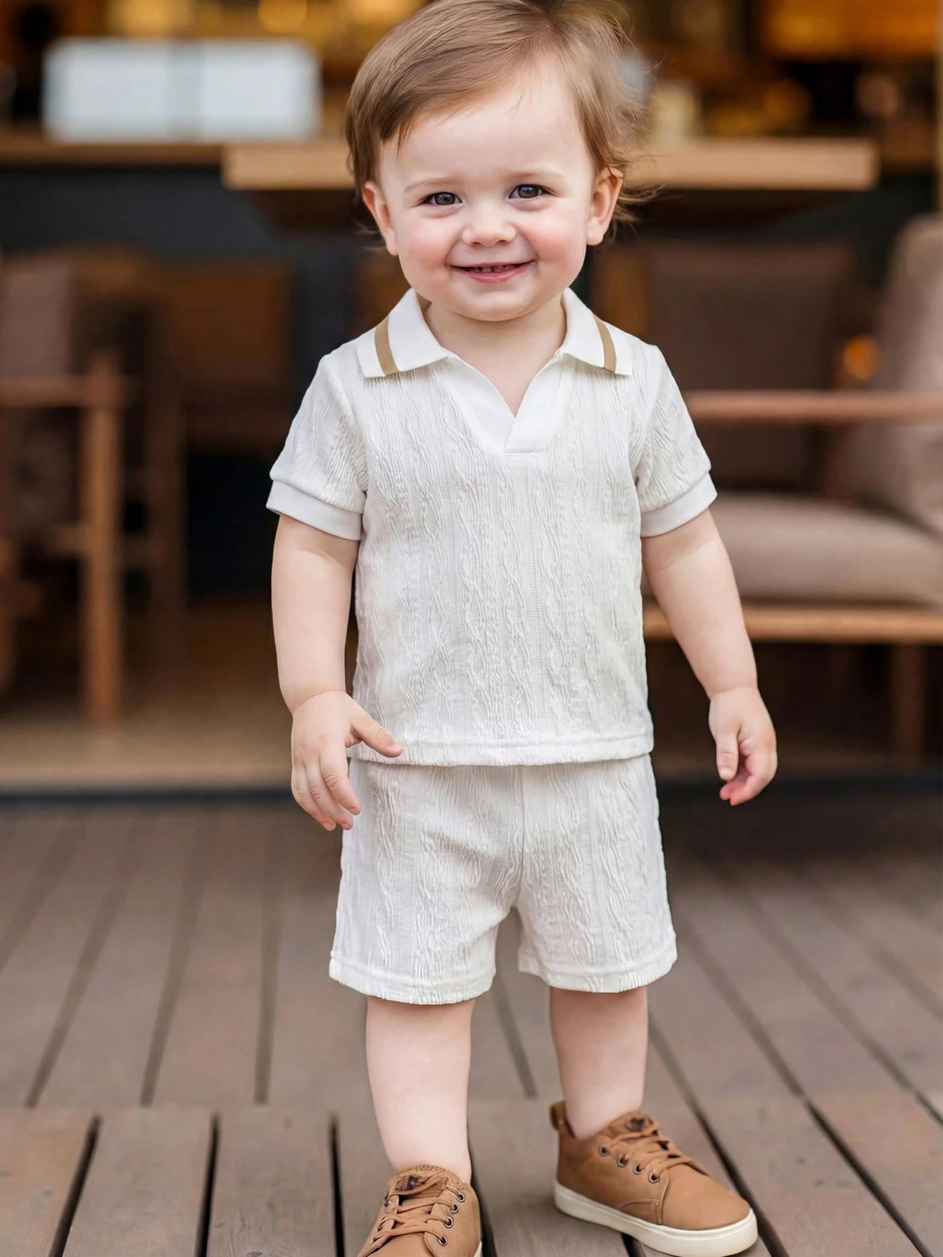 Boys Textured Knit Polo Collar Shirt & Shorts Set - Ivory