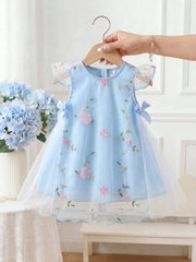 Girls Floral Embroidered Mesh Flutter Sleeve Dress - Powder Blue | ...