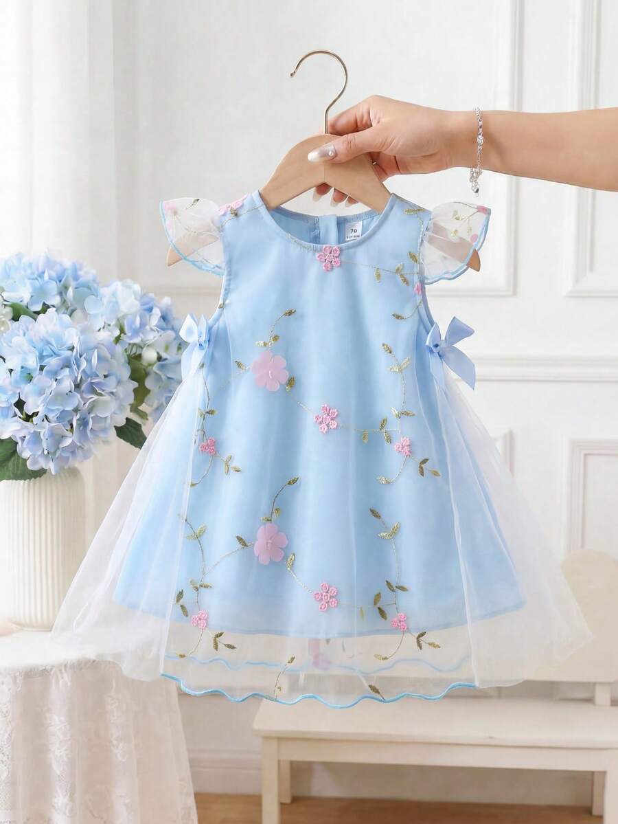 Girls Floral Embroidered Mesh Flutter Sleeve Dress - Powder Blue | ...