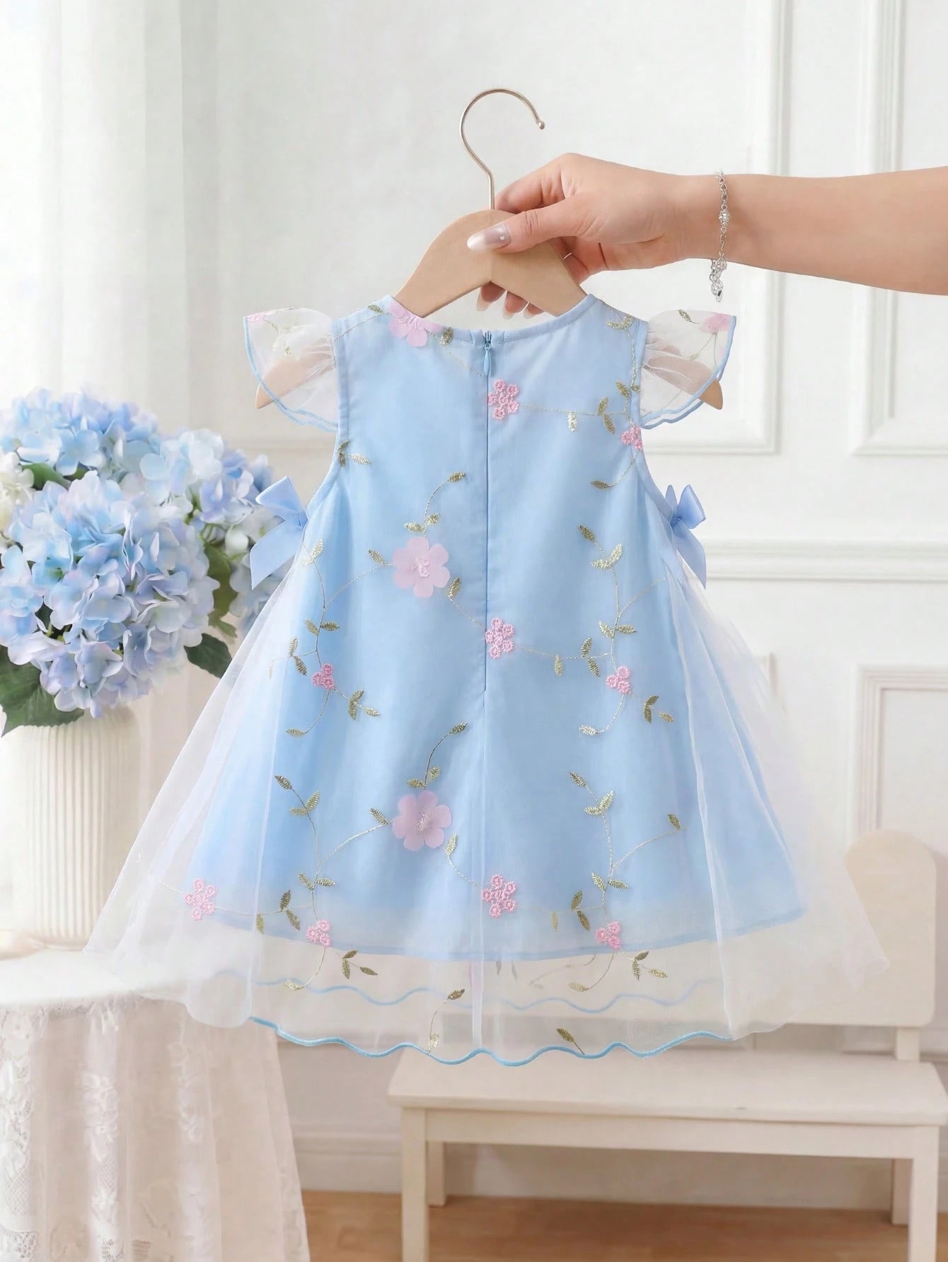 Girls Floral Embroidered Mesh Flutter Sleeve Dress - Powder Blue | ...
