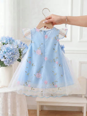 Girls Floral Embroidered Mesh Flutter Sleeve Dress - Powder Blue | ...