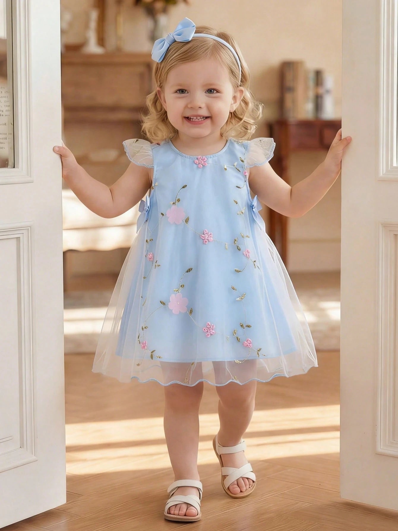 Girls Floral Embroidered Mesh Flutter Sleeve Dress - Powder Blue | ...