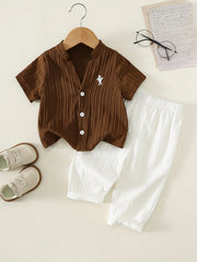 2pcs Boys Dinosaur Embroidered Textured Shirt & Pants Set - Wenge |...