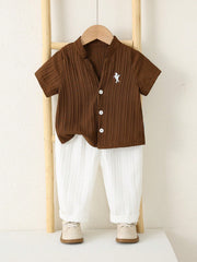 2pcs Boys Dinosaur Embroidered Textured Shirt & Pants Set - Wenge |...
