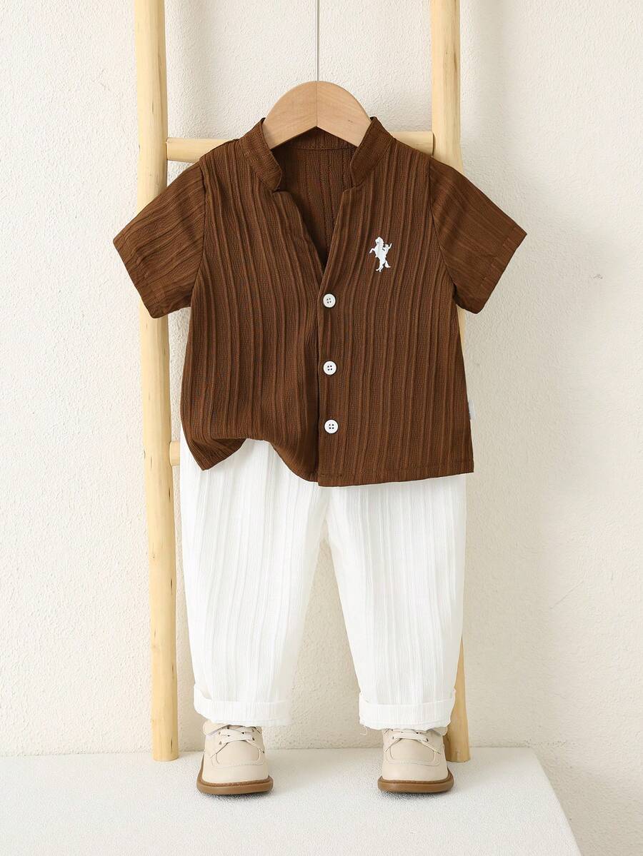 2pcs Boys Dinosaur Embroidered Textured Shirt & Pants Set - Wenge |...