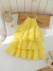 Girls Rose Corsage Tiered Halter Dress - Buttercup | 21 Century Kids