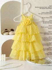 Girls Rose Corsage Tiered Halter Dress - Buttercup | 21 Century Kids
