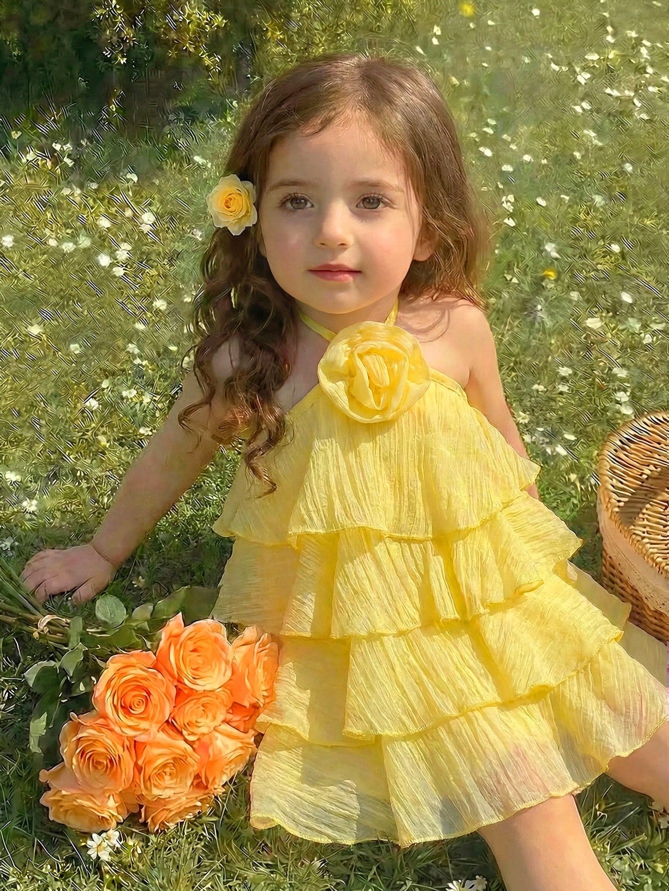 Girls Rose Corsage Tiered Halter Dress - Buttercup | 21 Century Kids