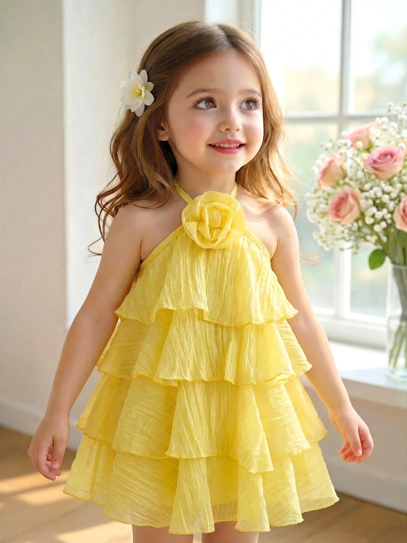 Girls Rose Corsage Tiered Halter Dress - Buttercup | 21 Century Kids