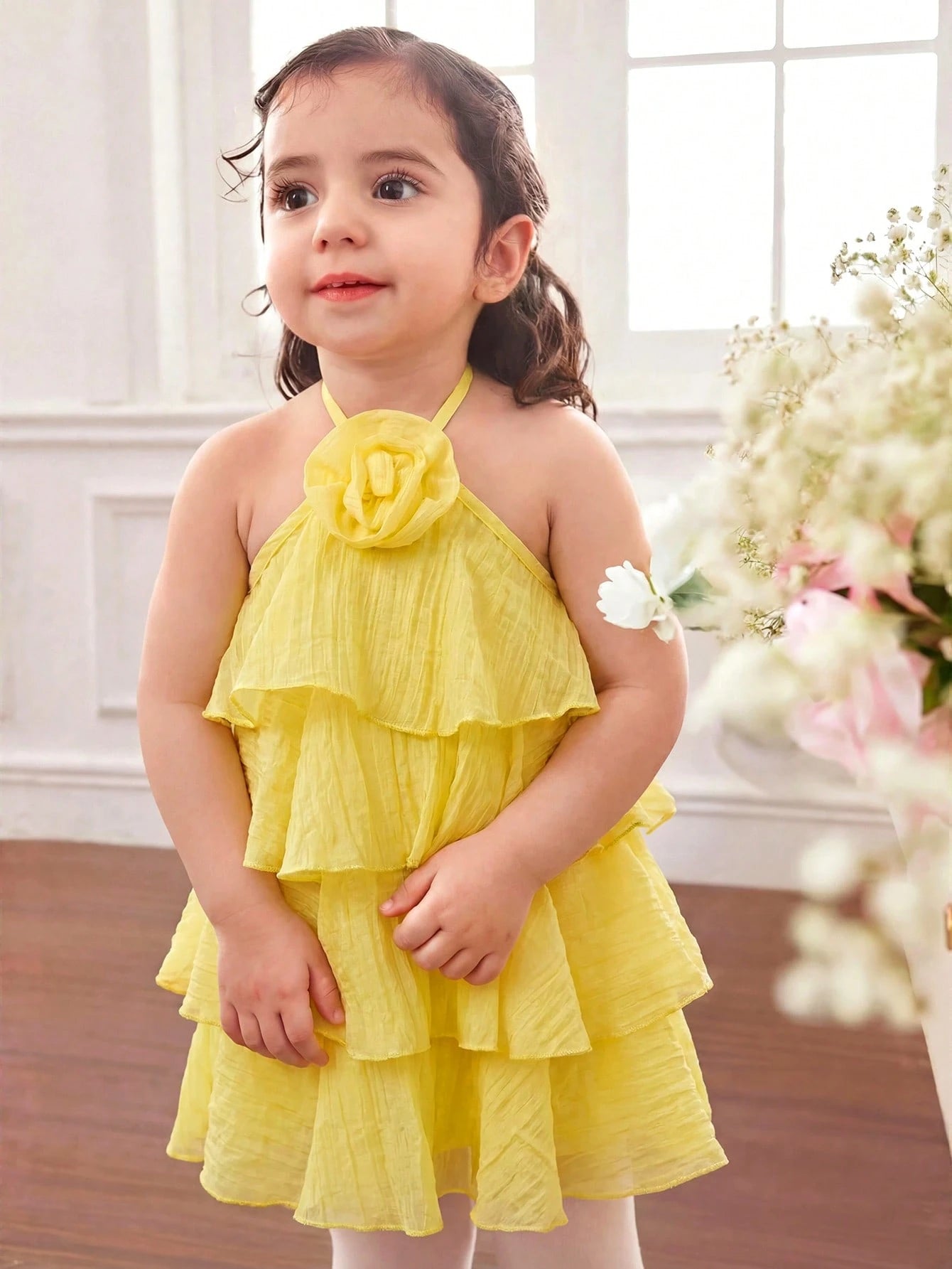Girls Rose Corsage Tiered Halter Dress - Buttercup | 21 Century Kids