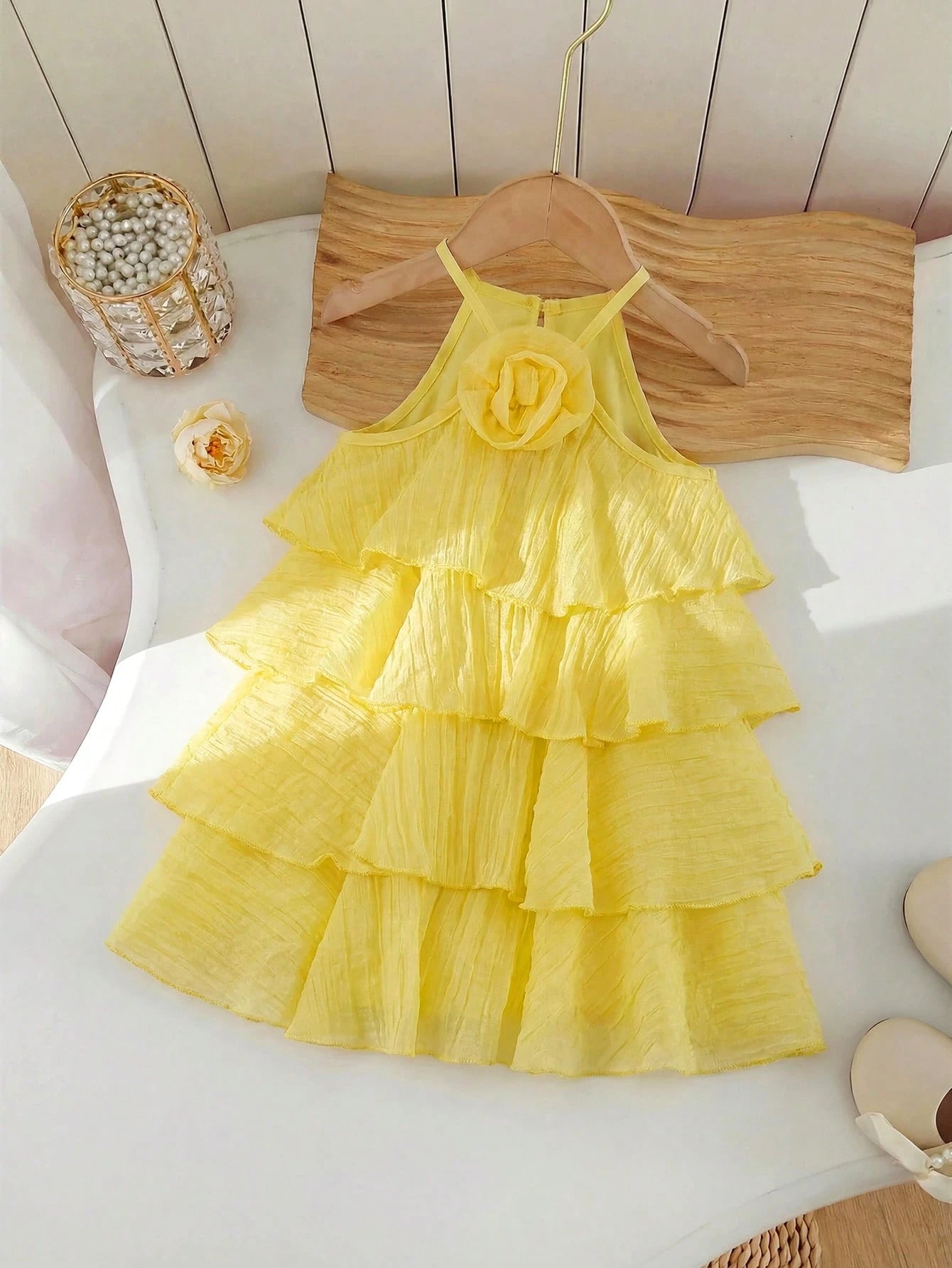 Girls Rose Corsage Tiered Halter Dress - Buttercup | 21 Century Kids