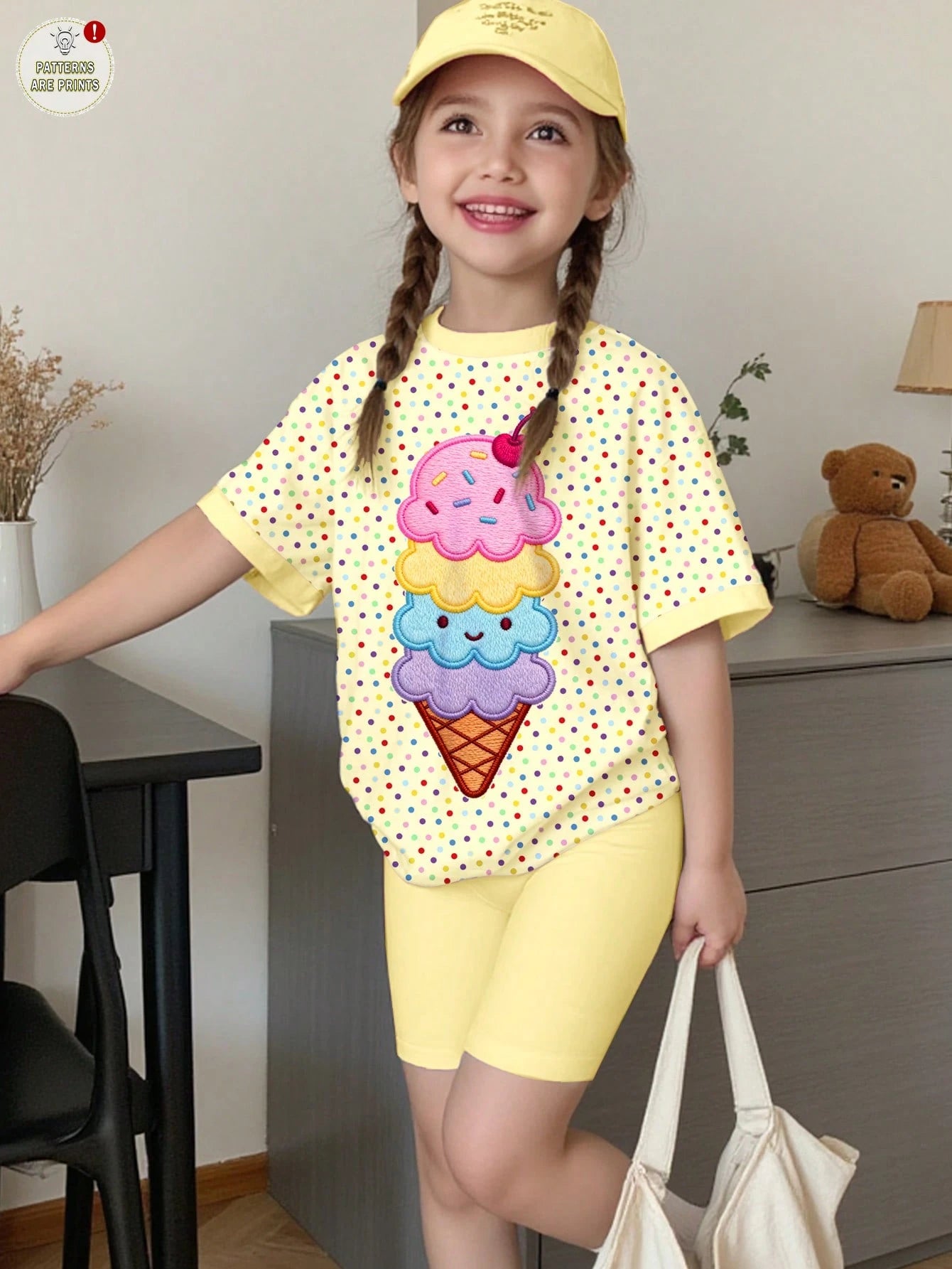 2pcs Little Girls Ice Cream Appliqué Polka Dot Tee & Shorts Set - B...