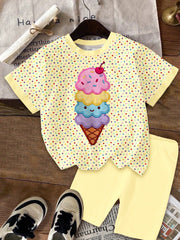 2pcs Little Girls Ice Cream Appliqué Polka Dot Tee & Shorts Set - B...