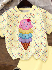 2pcs Little Girls Ice Cream Appliqué Polka Dot Tee & Shorts Set - B...