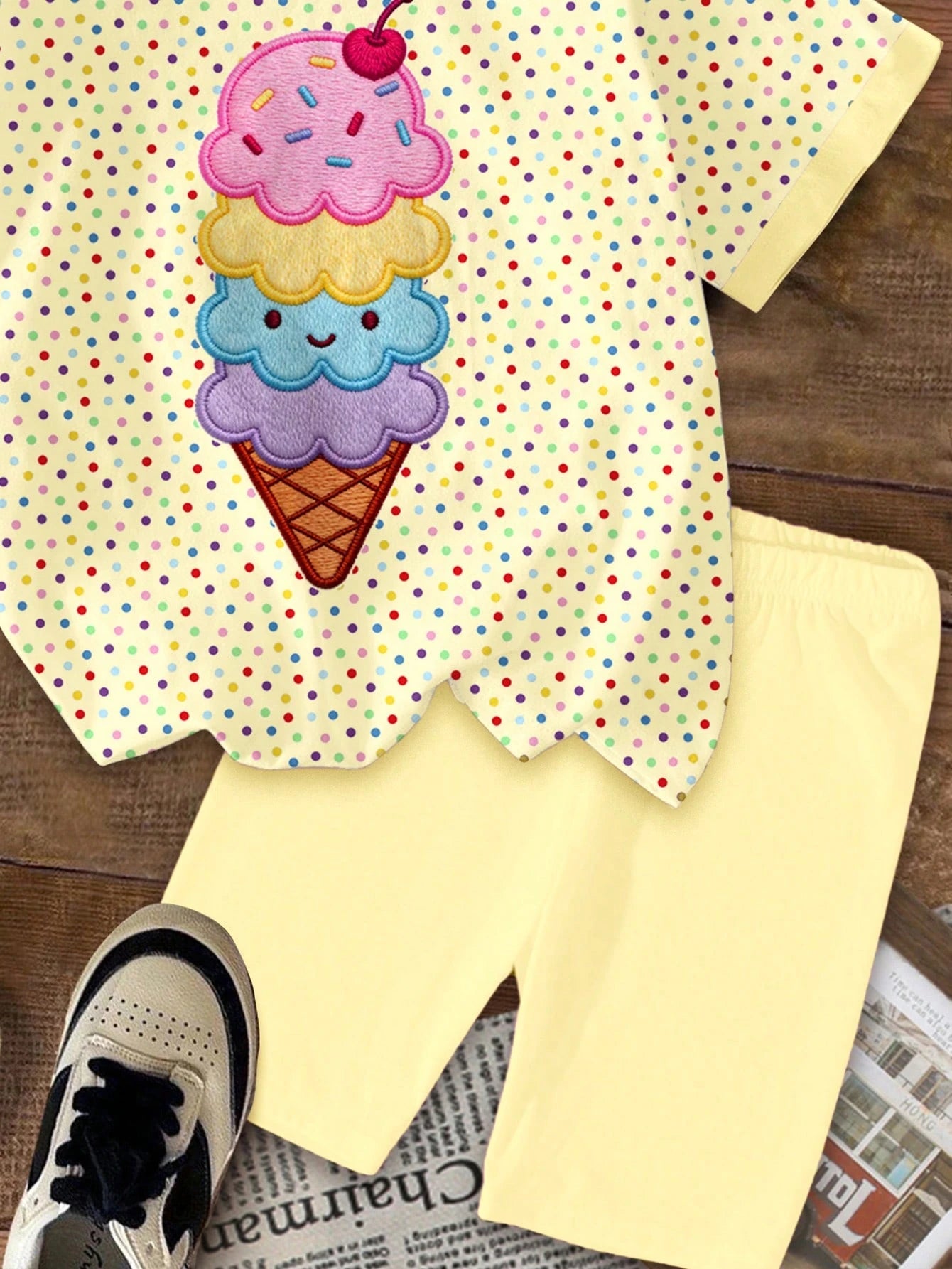 2pcs Little Girls Ice Cream Appliqué Polka Dot Tee & Shorts Set - B...